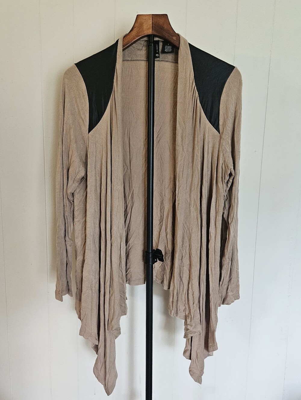 new directions Tan Draped Open-Front Cardigan with Black Shoulder Panels Size L